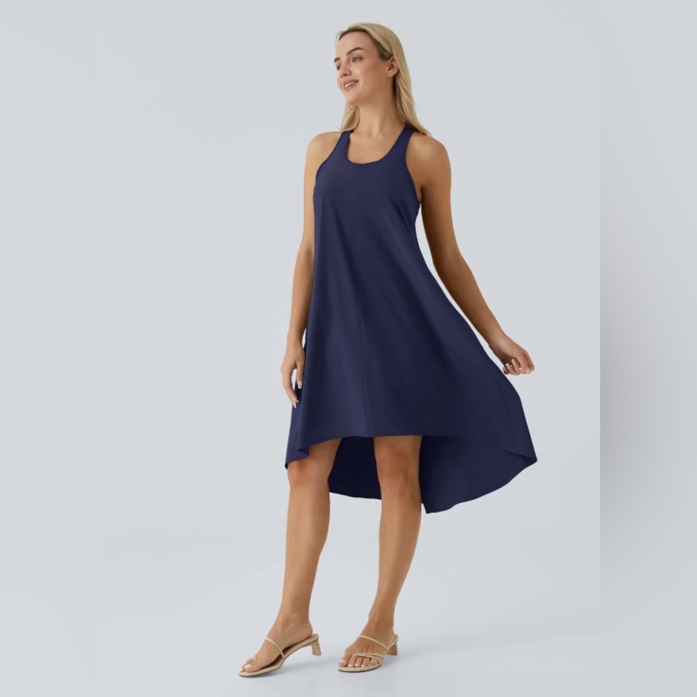 Backless Racerback High Low Flowy Midi Quick Dry Casual Dress, Patriot Blue